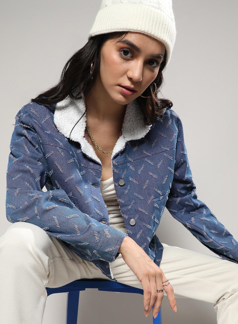 Campus Sutra Women's Blue Clustered Distress Denim Jacket  - Image 1