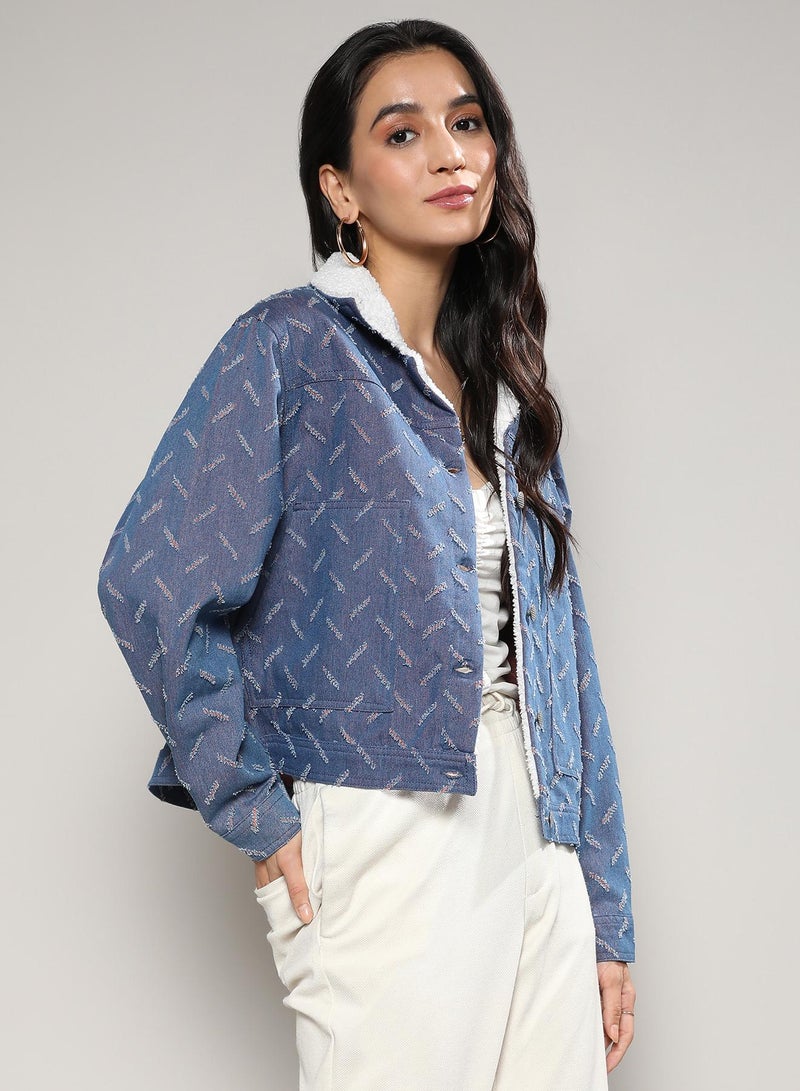 Campus Sutra Women's Blue Clustered Distress Denim Jacket  - Image 2
