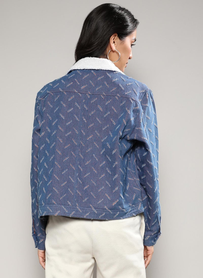 Campus Sutra Women's Blue Clustered Distress Denim Jacket  - Image 3