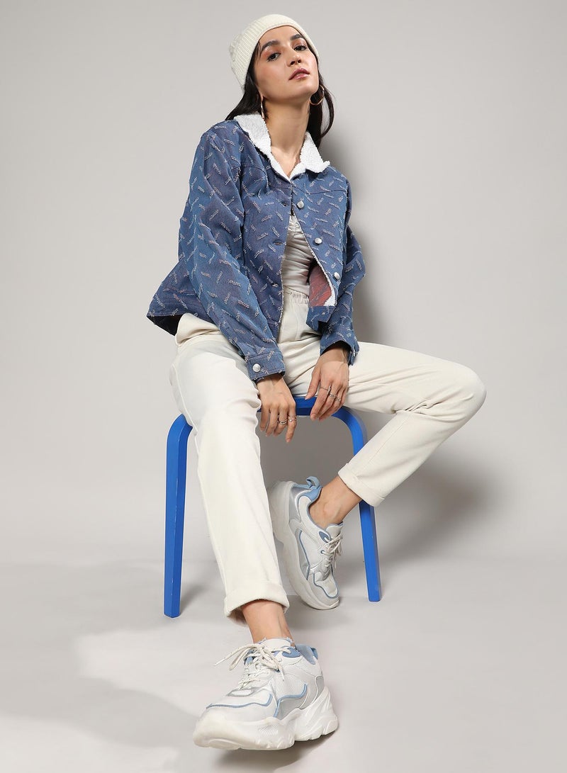 Campus Sutra Women's Blue Clustered Distress Denim Jacket  - Image 5
