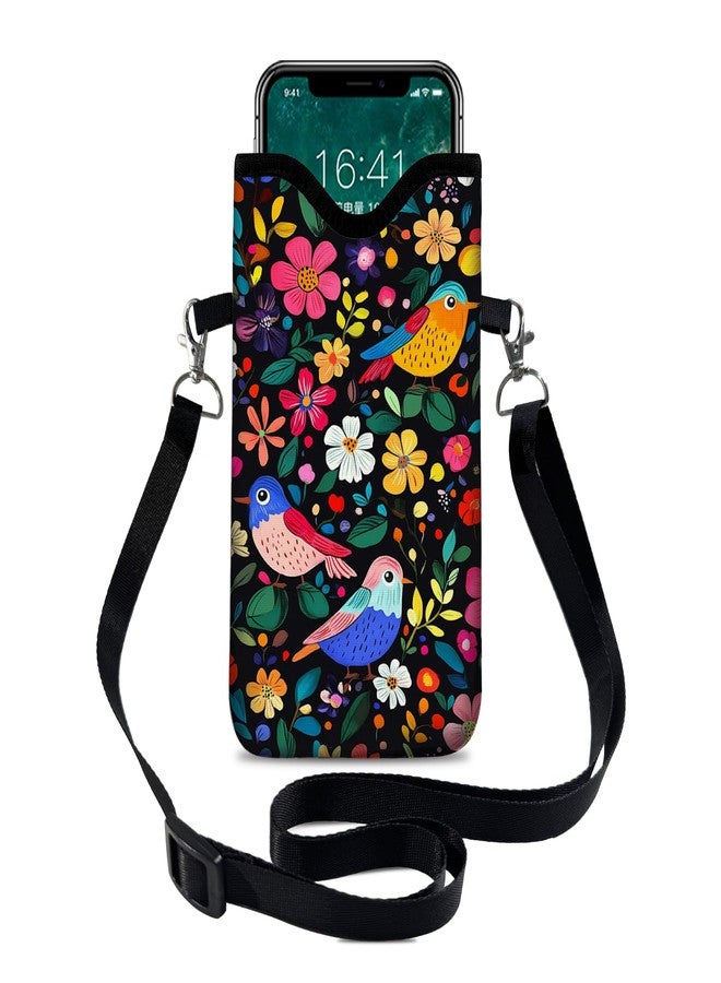 otilil Neoprene Cell Phone Sleeve Pouch Case Bag with Crossbody Strap Neck Lanyard for Women 7.1 X 3.9 in Flower Bird Pattern - Image 1