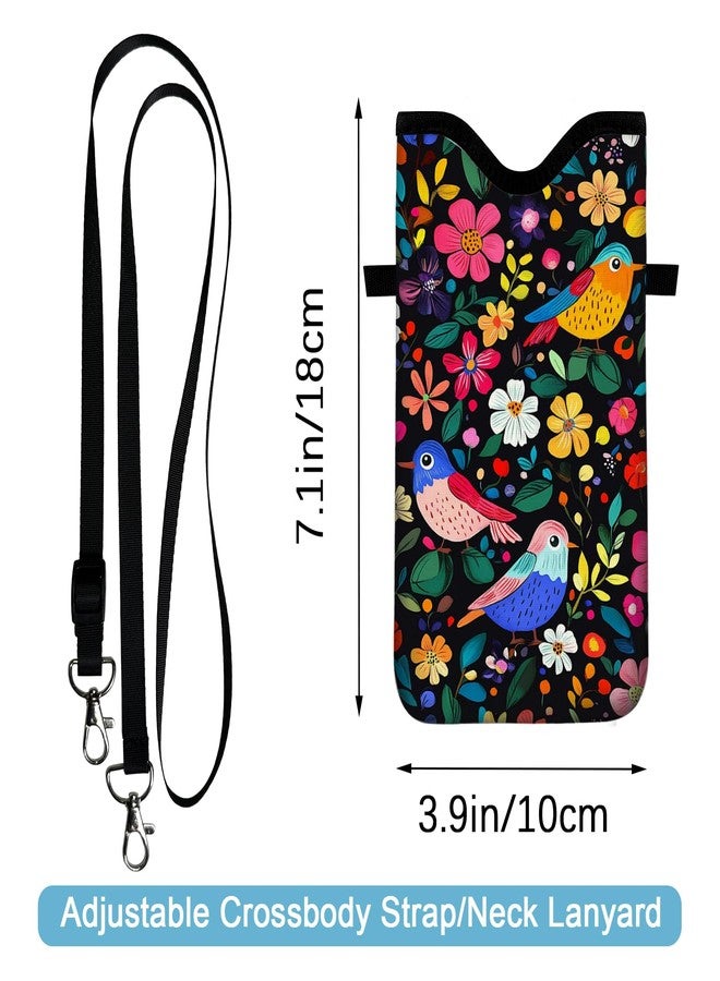 otilil Neoprene Cell Phone Sleeve Pouch Case Bag with Crossbody Strap Neck Lanyard for Women 7.1 X 3.9 in Flower Bird Pattern - Image 2