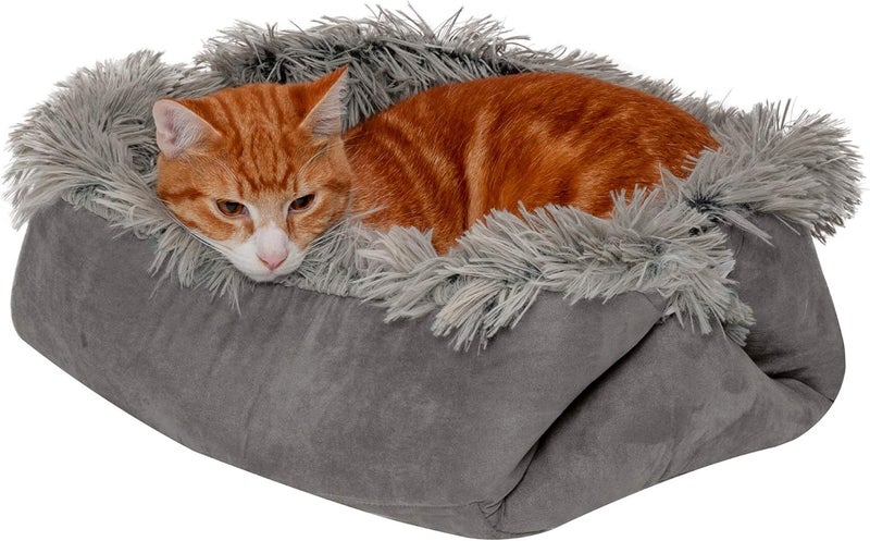 Furhaven Self-Warming Cat Bed for Indoor Cats, 4-Beds-in-1 & Washable - Plush Long Faux Fur Convertible Cuddler - Gray, Small - Image 1