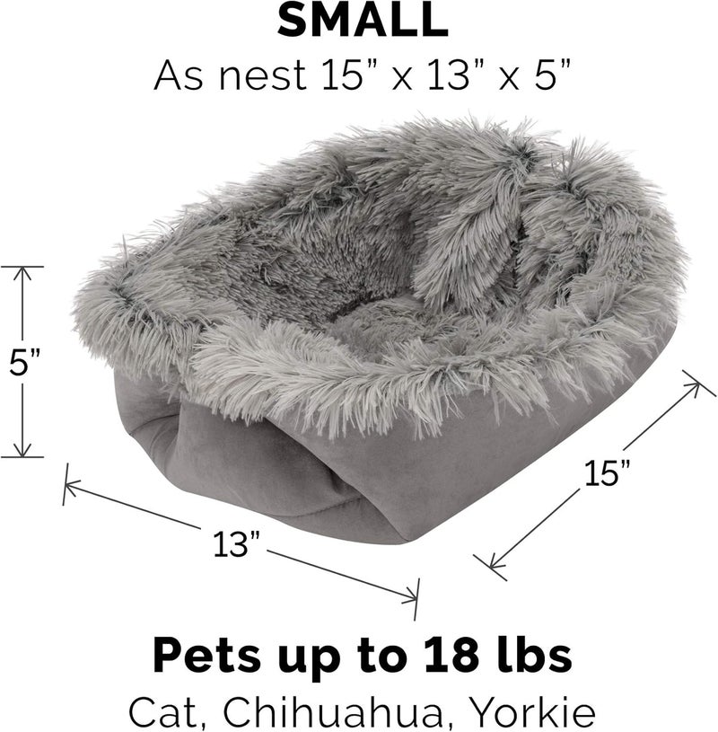 Furhaven Self-Warming Cat Bed for Indoor Cats, 4-Beds-in-1 & Washable - Plush Long Faux Fur Convertible Cuddler - Gray, Small - Image 2