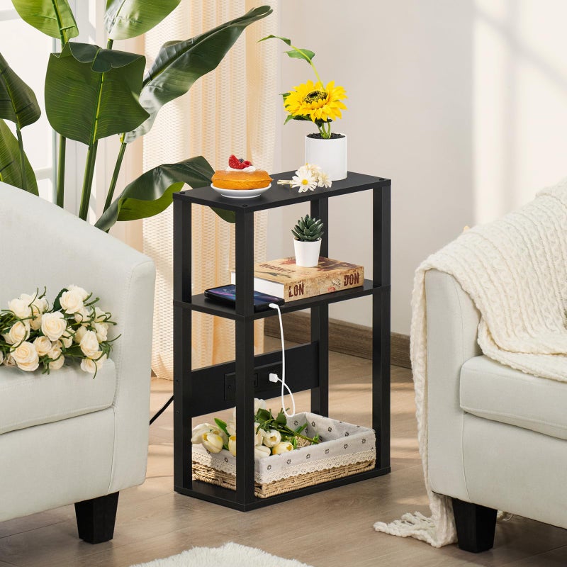 YUFAM 3-Tier Small Narrow Wood Side Table with Charging Station, Skinny Nightstand for Small Space, Slim Bedside Table with Storage for Couch, Thin End Table with USB Ports and Outlets, Black - Image 2