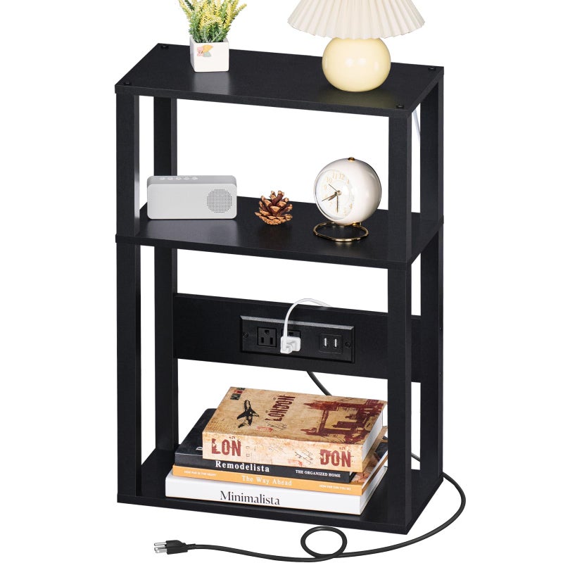 YUFAM 3-Tier Small Narrow Wood Side Table with Charging Station, Skinny Nightstand for Small Space, Slim Bedside Table with Storage for Couch, Thin End Table with USB Ports and Outlets, Black - Image 1