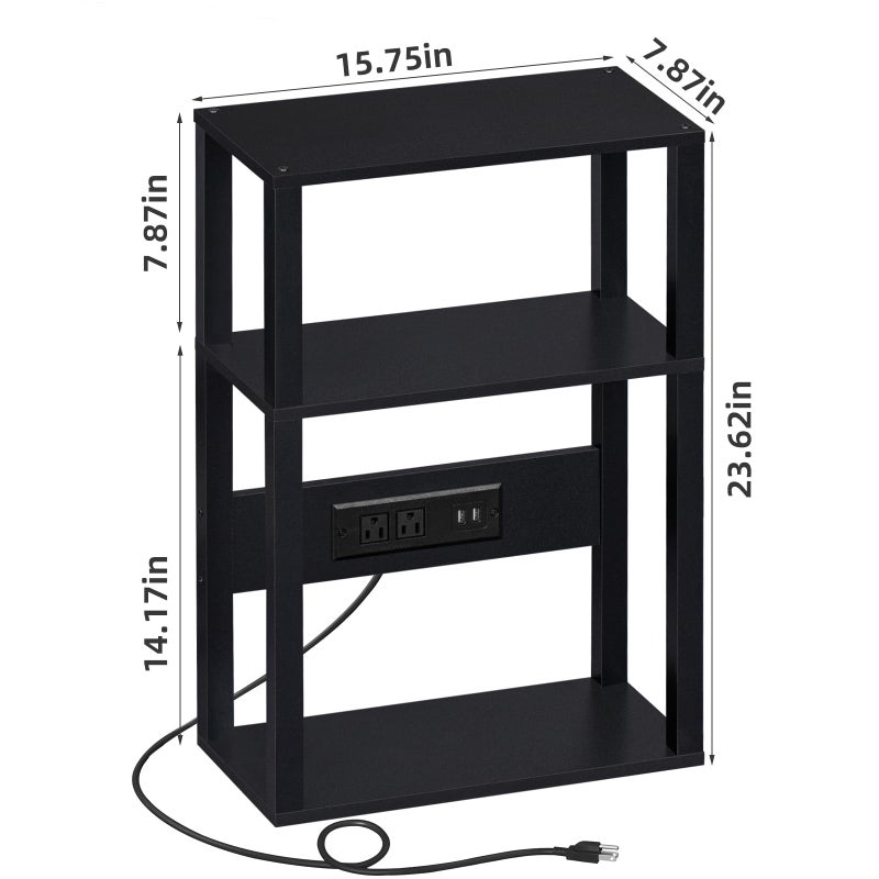 YUFAM 3-Tier Small Narrow Wood Side Table with Charging Station, Skinny Nightstand for Small Space, Slim Bedside Table with Storage for Couch, Thin End Table with USB Ports and Outlets, Black - Image 4
