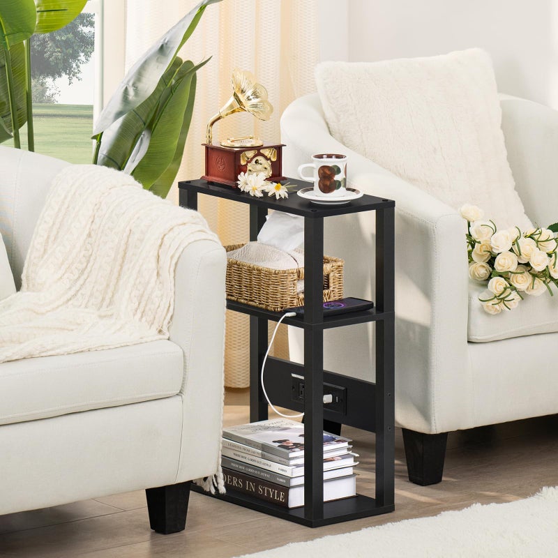 YUFAM 3-Tier Small Narrow Wood Side Table with Charging Station, Skinny Nightstand for Small Space, Slim Bedside Table with Storage for Couch, Thin End Table with USB Ports and Outlets, Black - Image 5