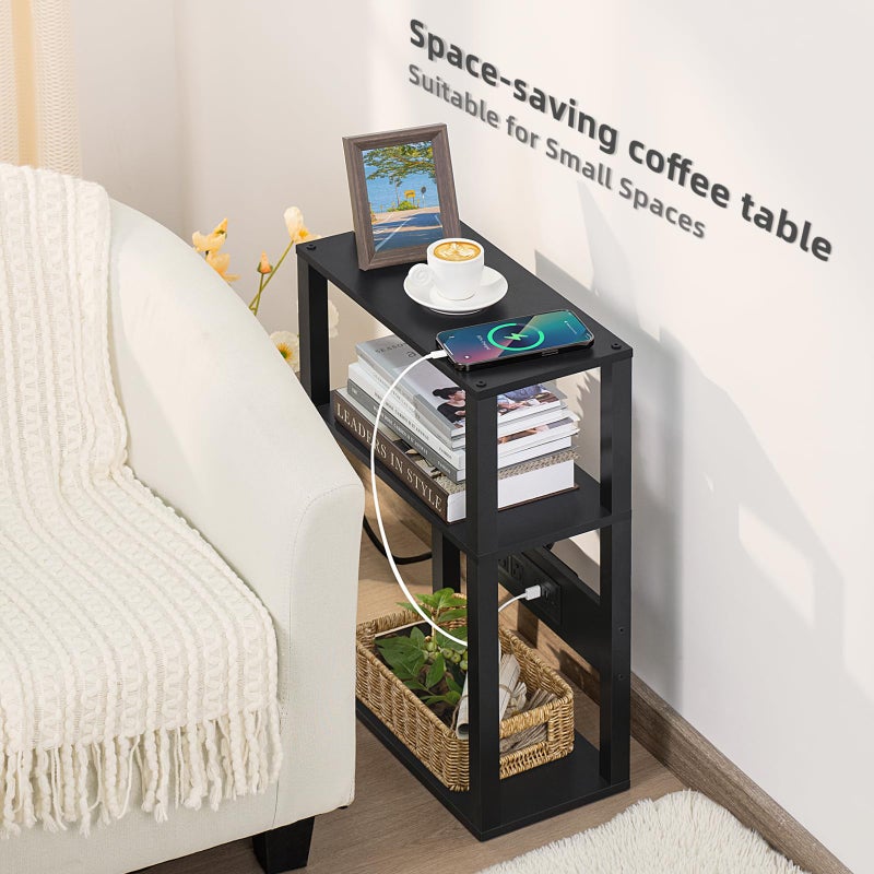 YUFAM 3-Tier Small Narrow Wood Side Table with Charging Station, Skinny Nightstand for Small Space, Slim Bedside Table with Storage for Couch, Thin End Table with USB Ports and Outlets, Black - Image 3