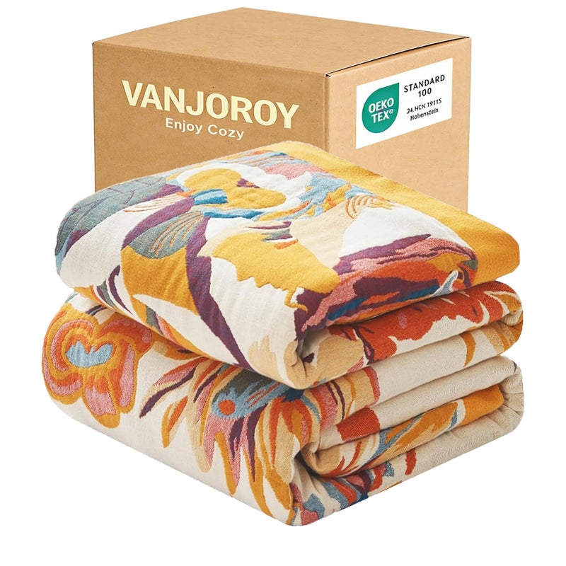 VANJOROY Boho Throw Blanket, 100% Organic Cotton Ultra Soft 50" x 60" Throw for Couch and Bed - Skin-Friendly Embroidery Cozy All Season Rustic Floral Decor Chair Blanket -Beige - Image 1