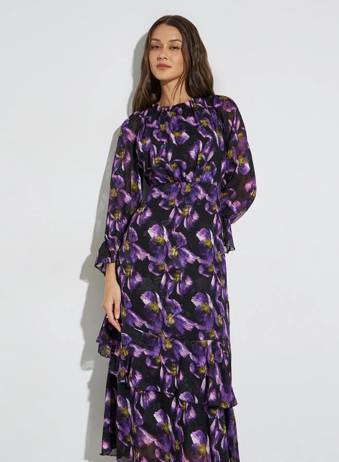 Styli Purple Floral Print Long Sleeves Maxi Dress