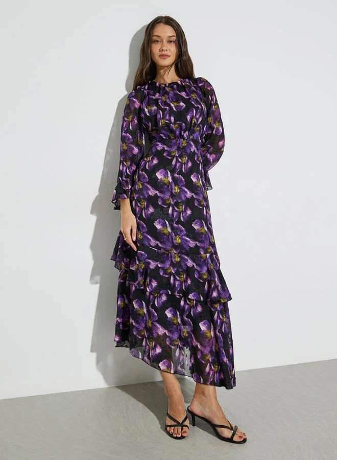 Styli Purple Floral Print Long Sleeves Maxi Dress