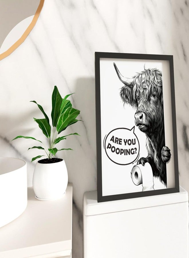 MSJGA Funny Highland Cow Bathroom Decor - “Are You Pooping?” Sign, Rustic Farmhouse Wall Art with Cute Animal Canvas Art for Restroom - Black Framed Cow Pictures Wall Decor Ready to Hang 12"x15" - Image 5