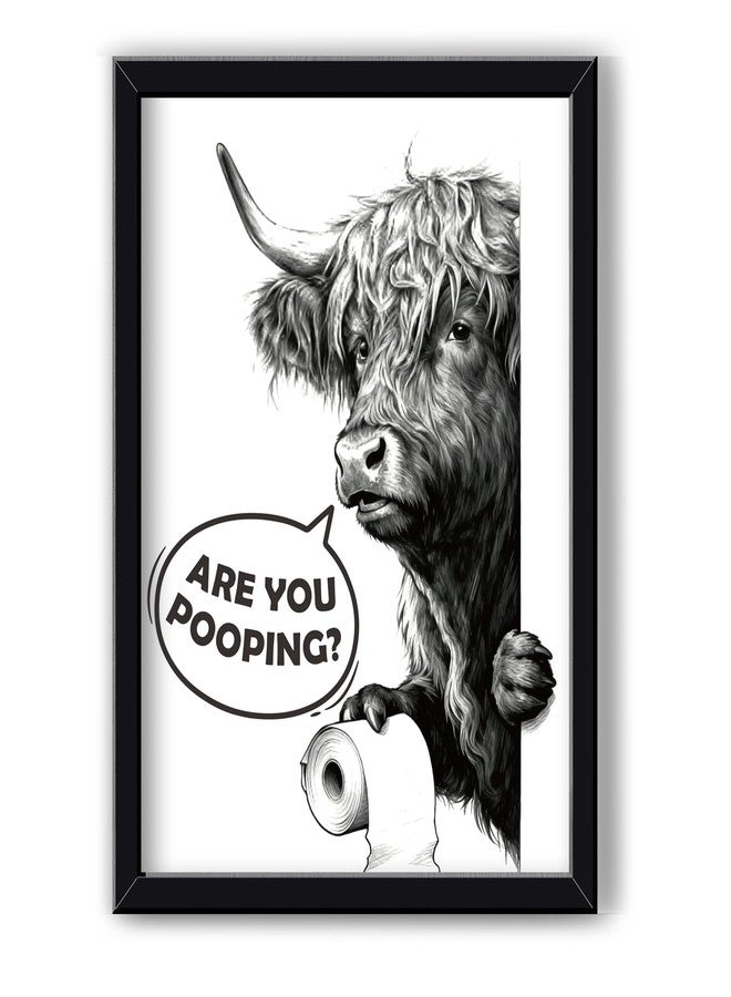 MSJGA Funny Highland Cow Bathroom Decor - “Are You Pooping?” Sign, Rustic Farmhouse Wall Art with Cute Animal Canvas Art for Restroom - Black Framed Cow Pictures Wall Decor Ready to Hang 12"x15" - Image 1
