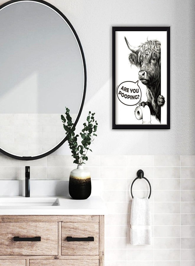 MSJGA Funny Highland Cow Bathroom Decor - “Are You Pooping?” Sign, Rustic Farmhouse Wall Art with Cute Animal Canvas Art for Restroom - Black Framed Cow Pictures Wall Decor Ready to Hang 12"x15" - Image 2