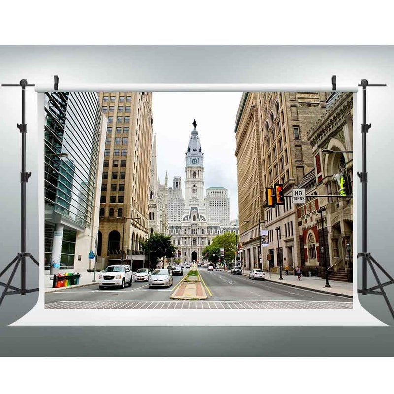 EOA 7W x5H FT City Hall Philadelphia Backdrop Philly City Downtown Pennsylvania USA American City Street View Photography Background Birthday Events Decoration Kids Adults Photoshot Props Studio