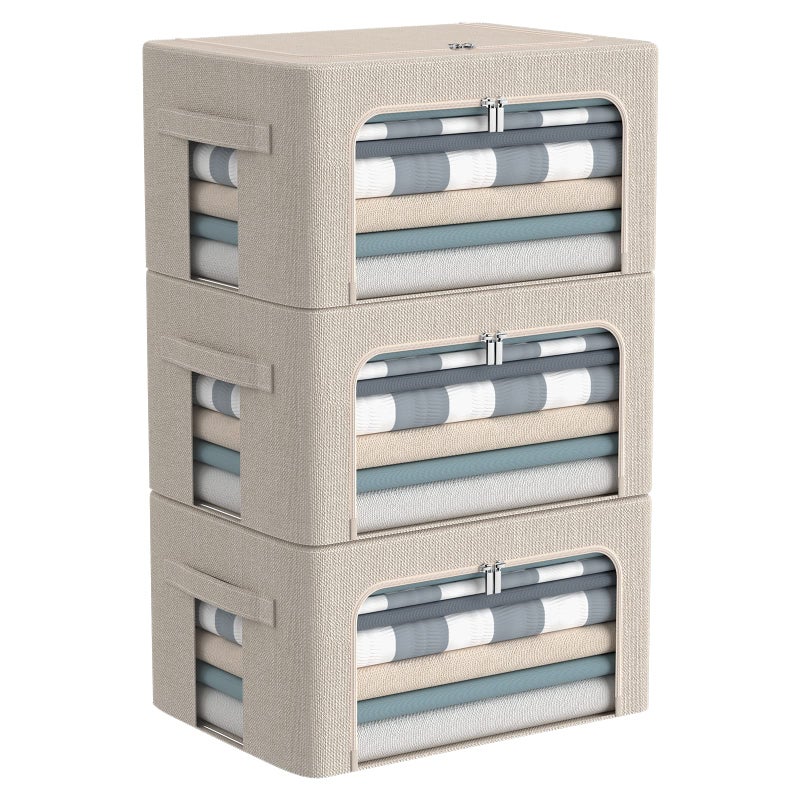 3Pack Foldable Storage Bins  Frame Storage Box Linen Fabric Stackable Clothes Container Organizer with Clear Window  Carry Handles Large Capacity Small22L Beige