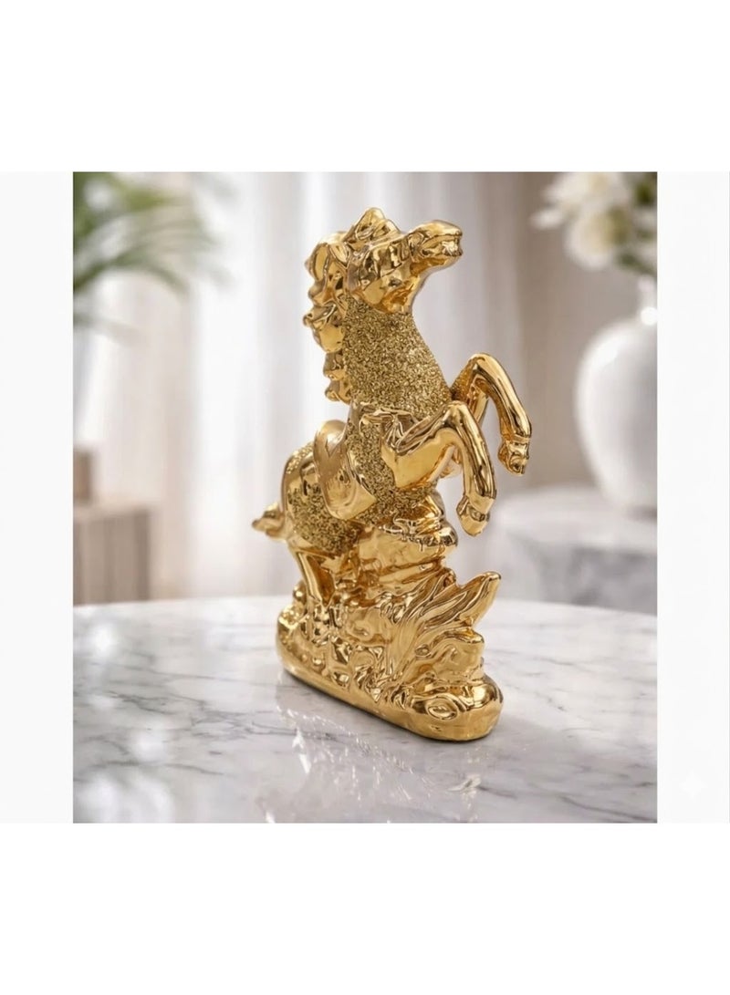 Luxury Gold Rearing Horse Statue - Shiny Gold-Tone Arabic Horse Figurine with Shimmering Glitter Accents - Elegant Tabletop Sculpted Ornament for Modern Home, Office Desk & Shelf Decor - Image 1