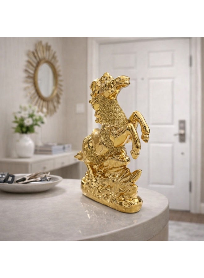 Luxury Gold Rearing Horse Statue - Shiny Gold-Tone Arabic Horse Figurine with Shimmering Glitter Accents - Elegant Tabletop Sculpted Ornament for Modern Home, Office Desk & Shelf Decor - Image 3