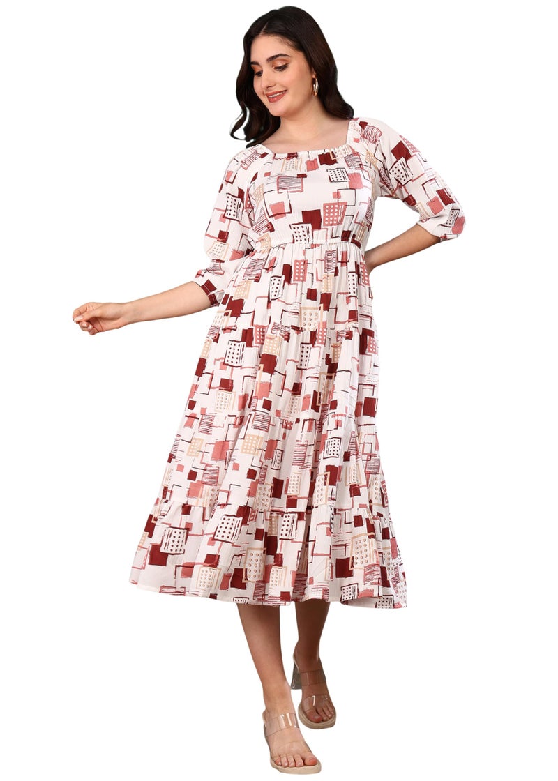 Yash Gallery Women’s Delta Fabric Printed Dress Square Neck, Puff Sleeve, Fit & Flare Midi Dress(White) - Image 1