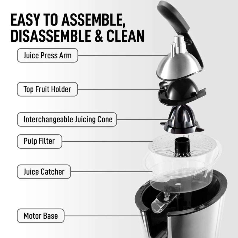 Zulay Kitchen Zulay Electric Citrus Juicer - Makes Fresh Orange, Lemon, Grapefruit, Lime Juice - Stainless Steel, 160W Powerful & Quiet, Interchangeable Cones -Filters Out Seeds & Pulp- Dishwasher Safe Parts- Black - Image 4