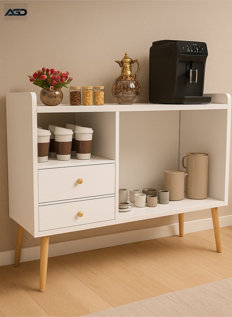 AGD Coffee Corner for Living Room with Storage, Entryway Side Cabinet Modern Buffet, Large Top with 2 Drawers, Wooden Center Table for Home, 100 x 35 x 80 cm, White - Image 1