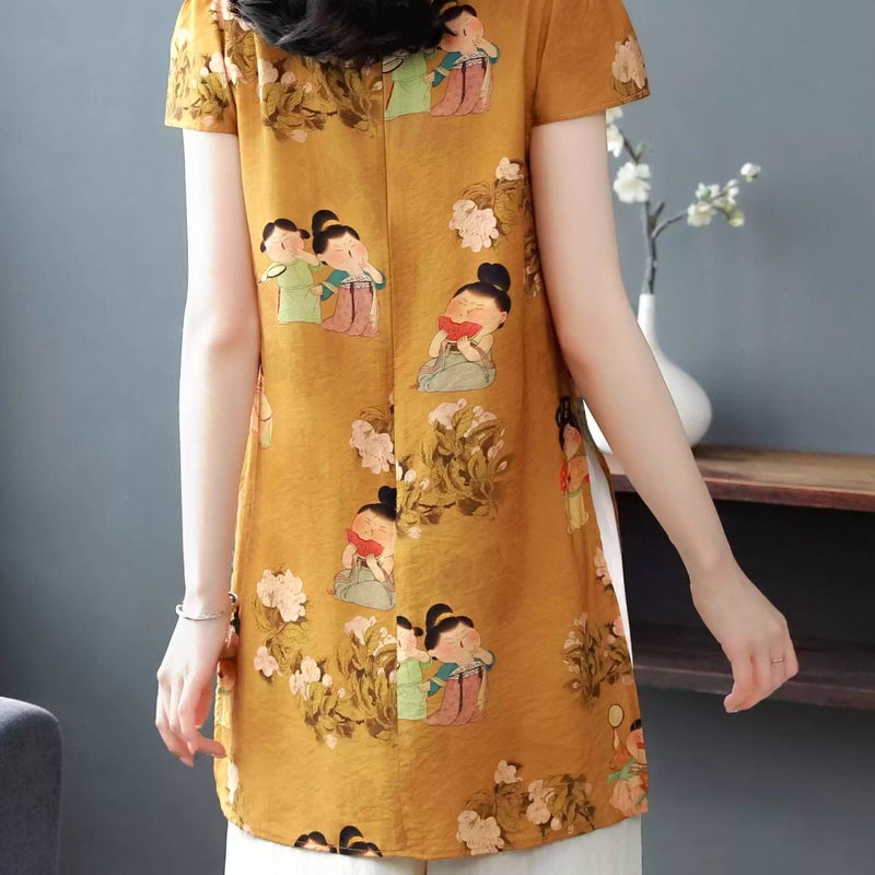 New Chinese-Style Button Cotton And Linen Regular Shoulder Short-Sleeve Shirt For Women, Summer Long Loose Improved Cheongsam Top To Cover The Hips - Image 5
