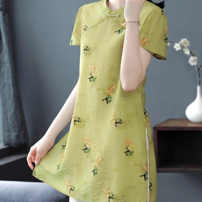 New Chinese-Style Button Cotton And Linen Regular Shoulder Short-Sleeve Shirt For Women, Summer Long Loose Improved Cheongsam Top To Cover The Hips - Image 4