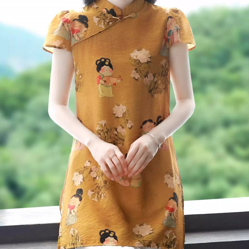 New Chinese-Style Button Cotton And Linen Regular Shoulder Short-Sleeve Shirt For Women, Summer Long Loose Improved Cheongsam Top To Cover The Hips - Image 3