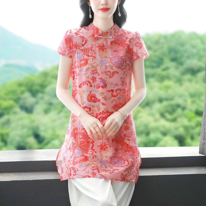 New Chinese-Style Button Cotton And Linen Regular Shoulder Short-Sleeve Shirt For Women, Summer Long Loose Improved Cheongsam Top To Cover The Hips - Image 1