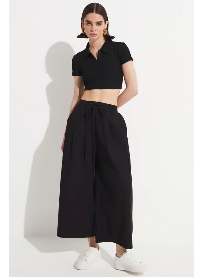 JUNE June Elastic Waist Wide Leg Trouser Black