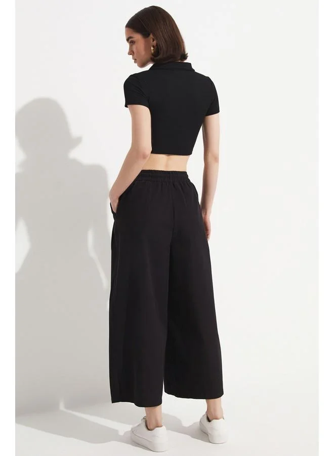 JUNE June Elastic Waist Wide Leg Trouser Black