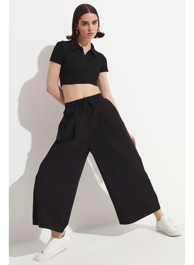 JUNE June Elastic Waist Wide Leg Trouser Black
