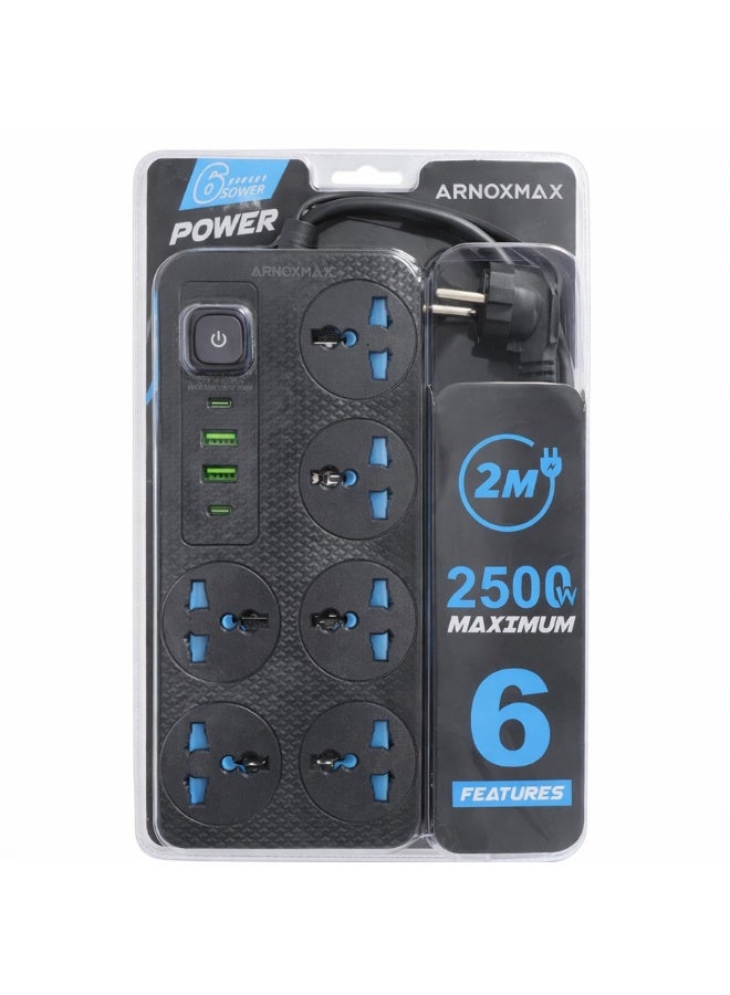 Smart Power Strip 2500W – 6 Sockets, 2 USB & 2 Type-C Ports with Surge Protection (2M Cable, Black) - Image 1