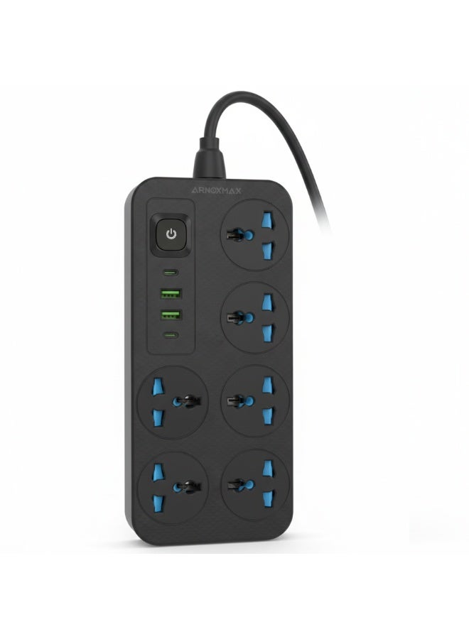 Smart Power Strip 2500W – 6 Sockets, 2 USB & 2 Type-C Ports with Surge Protection (2M Cable, Black) - Image 2