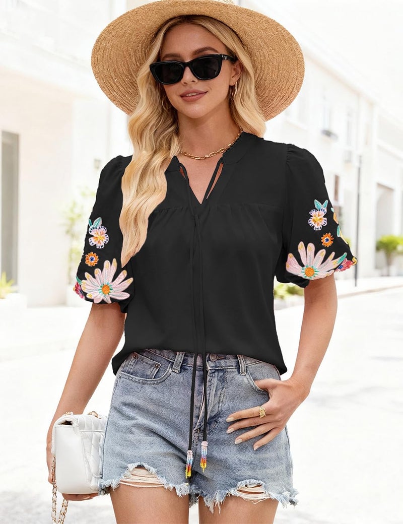 Ecosunny Women's Boho Embroidered Tops V Neck Floral Short Puff Sleeve Casual Shirts Loose Tunic Summer Blouses Fashion 2026 A-black - Image 4