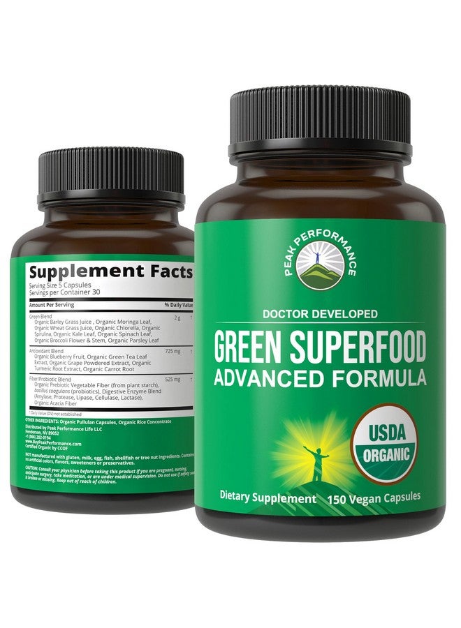 Peak Performance Organic Super Greens 150 Capsules - Green Juice Superfood Supplement with 25 All Natural Organic Ingredients. Max Energy and Detox Super Food Pills with Spirulina, Spinach, Kale, Turmeric, Probiotics - Image 1