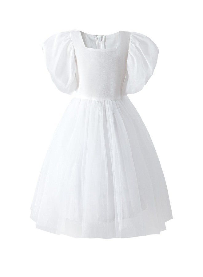 Tutu.kk Toddler Girls Tulle Dress Puff Short Sleeve Square Neck Flower Girl Dress for Birthday Party White 18-24 Months - Image 1