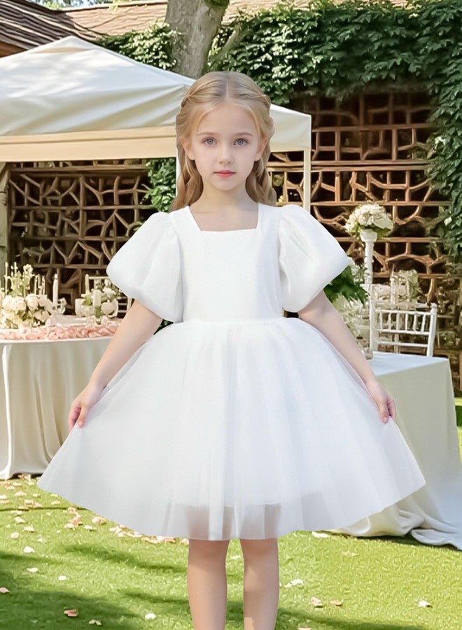 Tutu.kk Toddler Girls Tulle Dress Puff Short Sleeve Square Neck Flower Girl Dress for Birthday Party White 18-24 Months - Image 5