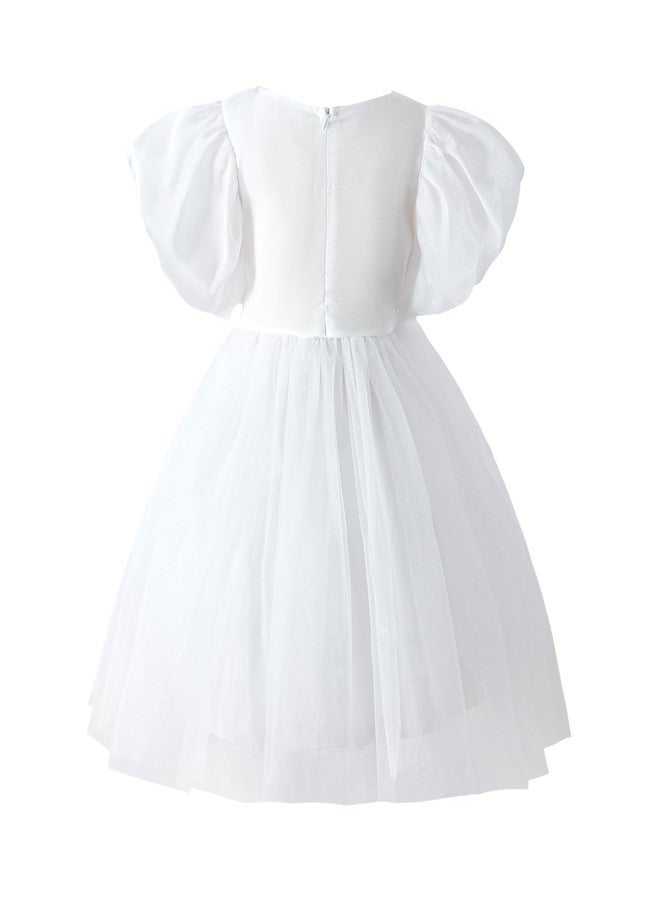 Tutu.kk Toddler Girls Tulle Dress Puff Short Sleeve Square Neck Flower Girl Dress for Birthday Party White 18-24 Months - Image 4