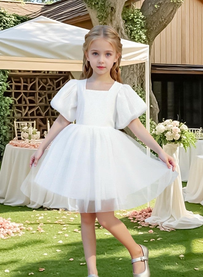 Tutu.kk Toddler Girls Tulle Dress Puff Short Sleeve Square Neck Flower Girl Dress for Birthday Party White 18-24 Months - Image 2