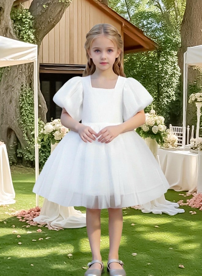 Tutu.kk Toddler Girls Tulle Dress Puff Short Sleeve Square Neck Flower Girl Dress for Birthday Party White 18-24 Months - Image 3