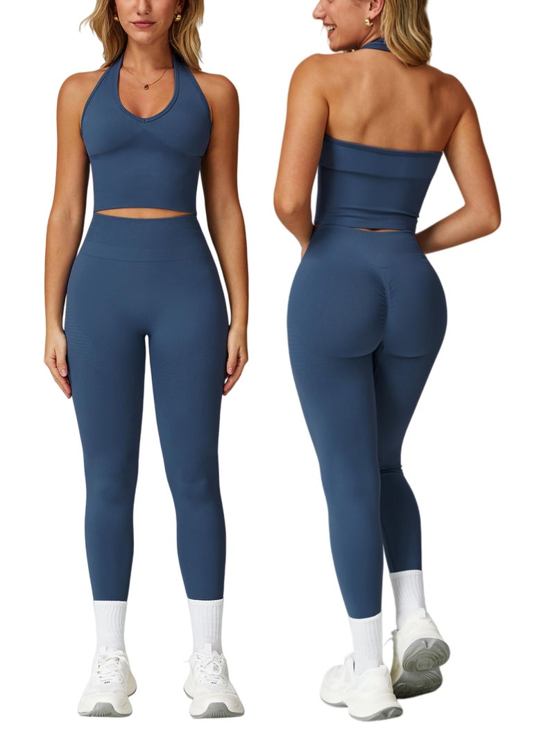ABOCIW Workout Sets for Women 2 Piece Seamless V Neck Halter Tank Top with Bra Scrunch Butt Lifting High Waist Leggings Gym Sets Work Out Clothes Blue Large - Image 1