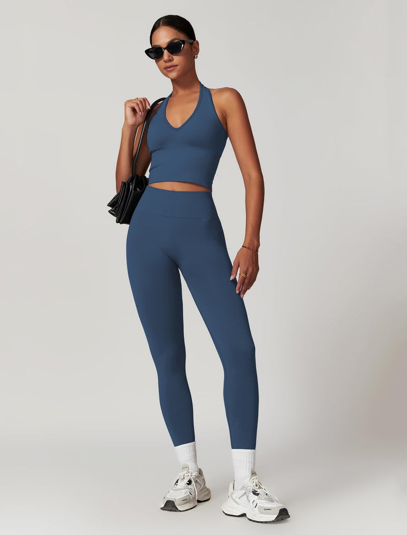 ABOCIW Workout Sets for Women 2 Piece Seamless V Neck Halter Tank Top with Bra Scrunch Butt Lifting High Waist Leggings Gym Sets Work Out Clothes Blue Large - Image 5