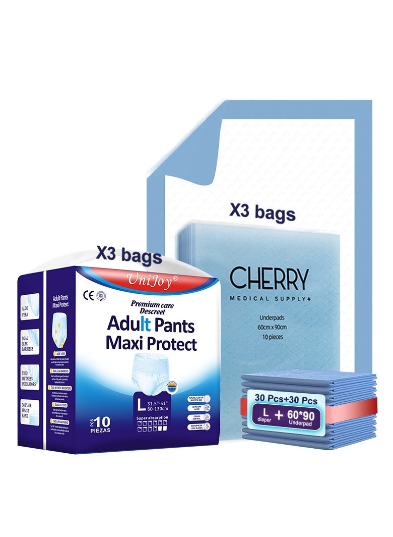 UniJoy 30 Pieces Adult Diapers Pull Up Pant Style Large – Extra Large Size (Waist Size 80 cm – 130 cm) Plus 30 Pieces 60 cm X 90 cm Disposable Underpads Absorbency Leak Protection Unisex - Image 1
