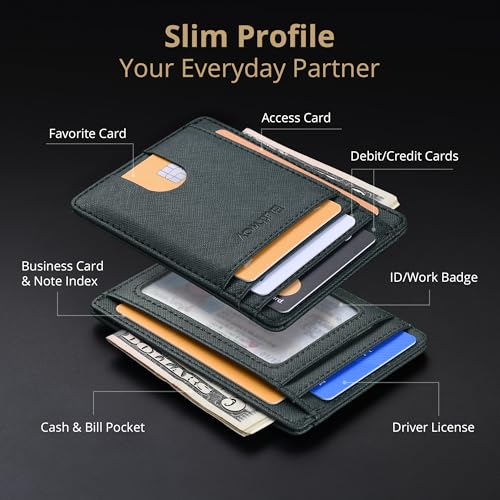 Buffway Slim Minimalist Front Pocket RFID Blocking Leather Wallets for Men and Women - Cross Blackish Green - Image 3