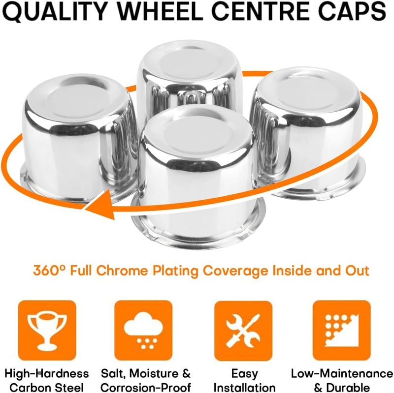 GTOWNWORKS 4Pcs 3.35 inch Wheel Center Caps Fit 3.35" Center Bore Truck Trailer RV SUV Wheels Rims, Carbon Steel Chrome Silver Push Through Hub Covers - Image 3