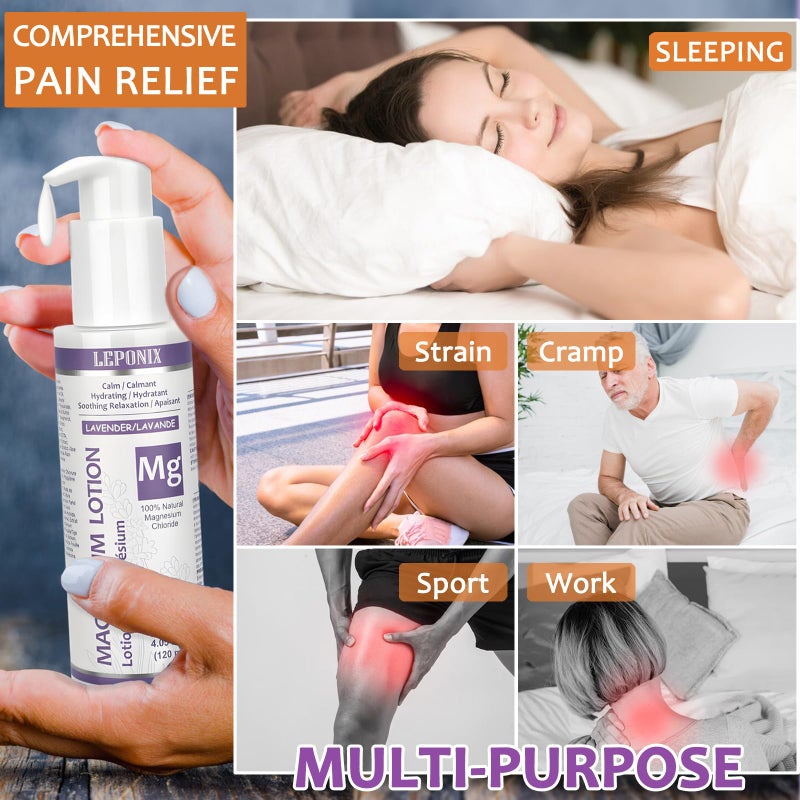 LEPONIX Magnesium Lotion for Sleep & Muscle Recovery - Soothing Topical Magnesium Lotion for Leg Cramps, Joint Comfort, Pain Relief - Relaxing Magnesium Body Butter for Men Women Kids (120ml, Lavender) - Image 4