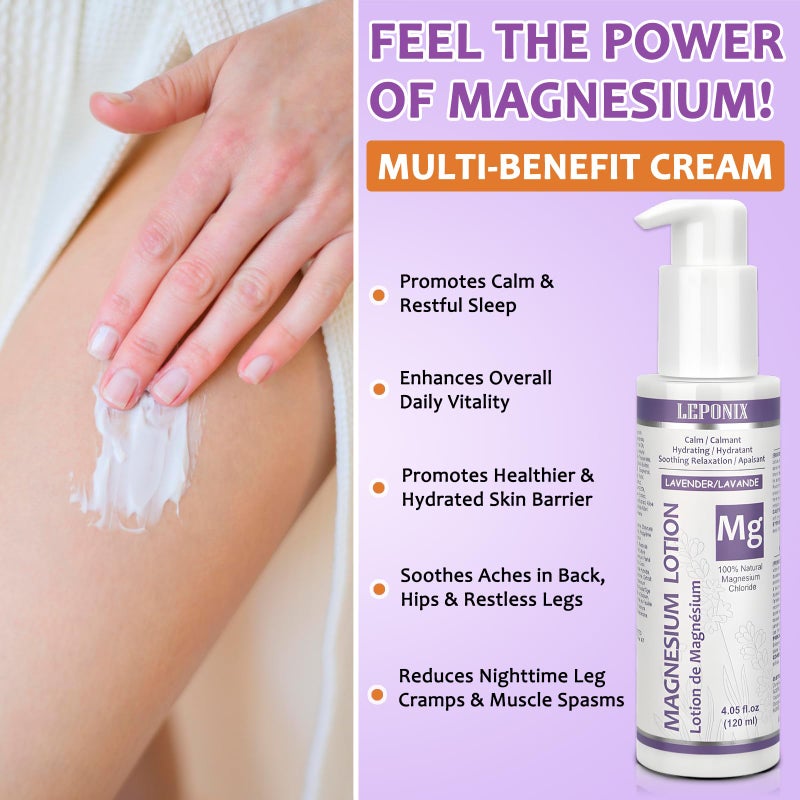 LEPONIX Magnesium Lotion for Sleep & Muscle Recovery - Soothing Topical Magnesium Lotion for Leg Cramps, Joint Comfort, Pain Relief - Relaxing Magnesium Body Butter for Men Women Kids (120ml, Lavender) - Image 5