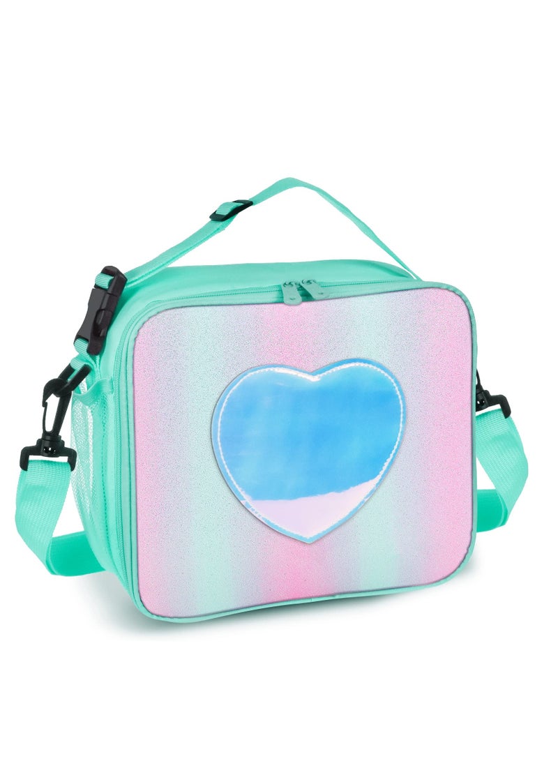 Children's Lunch Box, Rainbow Laser Tote Leakproof Insulated Lunch Bag Reusable Insulated Bento Bag Picnic Ice Bag Girls Simple Shoulder Bag for School and Outdoor Backpack (Green) - Image 1